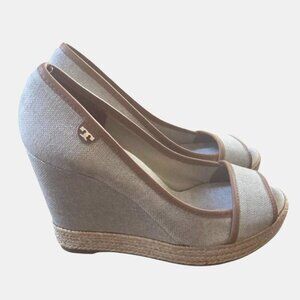 Tory Burch Majorca Canvas Espadrille Wedge Peep Toe Shoes Size 40 - 9-9.5M